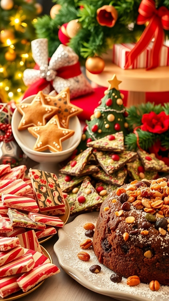 Festive Christmas Desserts and Snacks A variety of Christmas desserts including gingerbread cookies, peppermint bark, and fruitcake on a festive table.